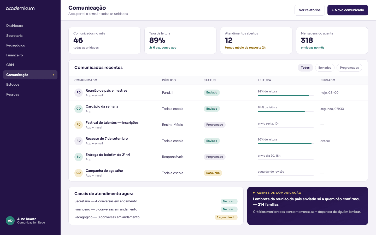 Tela do módulo de comunicação no Academicum